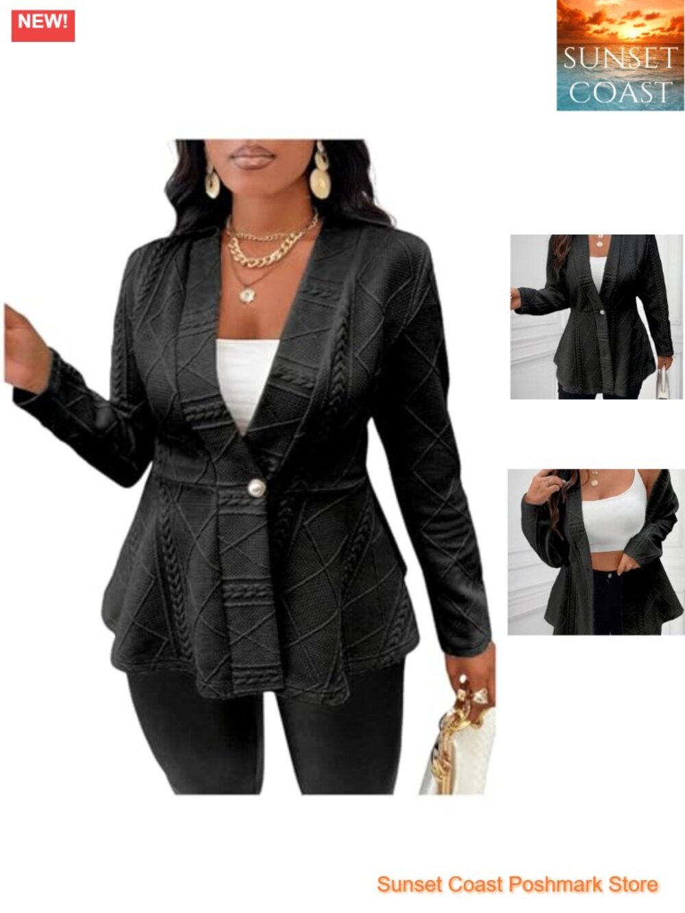Women's Plus Size Button Down Blazer V Neck Ruffle Hem Jacket